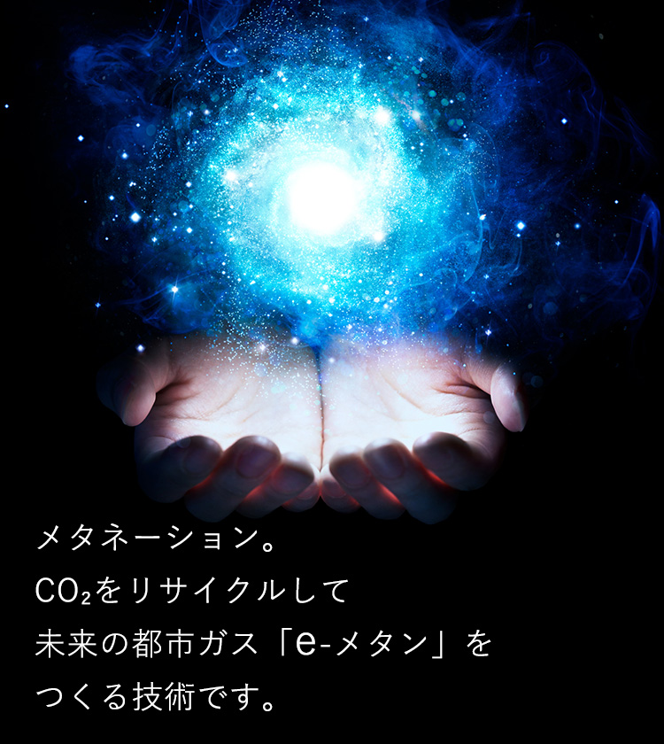 メタネーション。CO2をリサイクルして、未来の都市ガス「e-メタン」をつくる技術です。