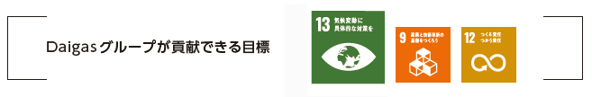 Daigasグループが貢献できる目標 13.気候変動に具体的な対策を 9. 産業と技術革新の基盤をつくろう 12. つくる責任 つかう責任