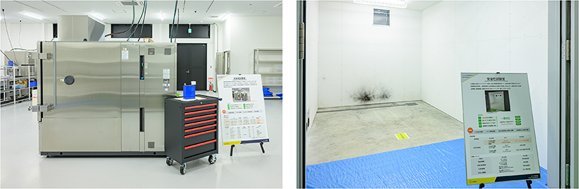 リチウムイオン電池の性能を評価する充放電試験室/発火試験などを行う安全性試験ブース